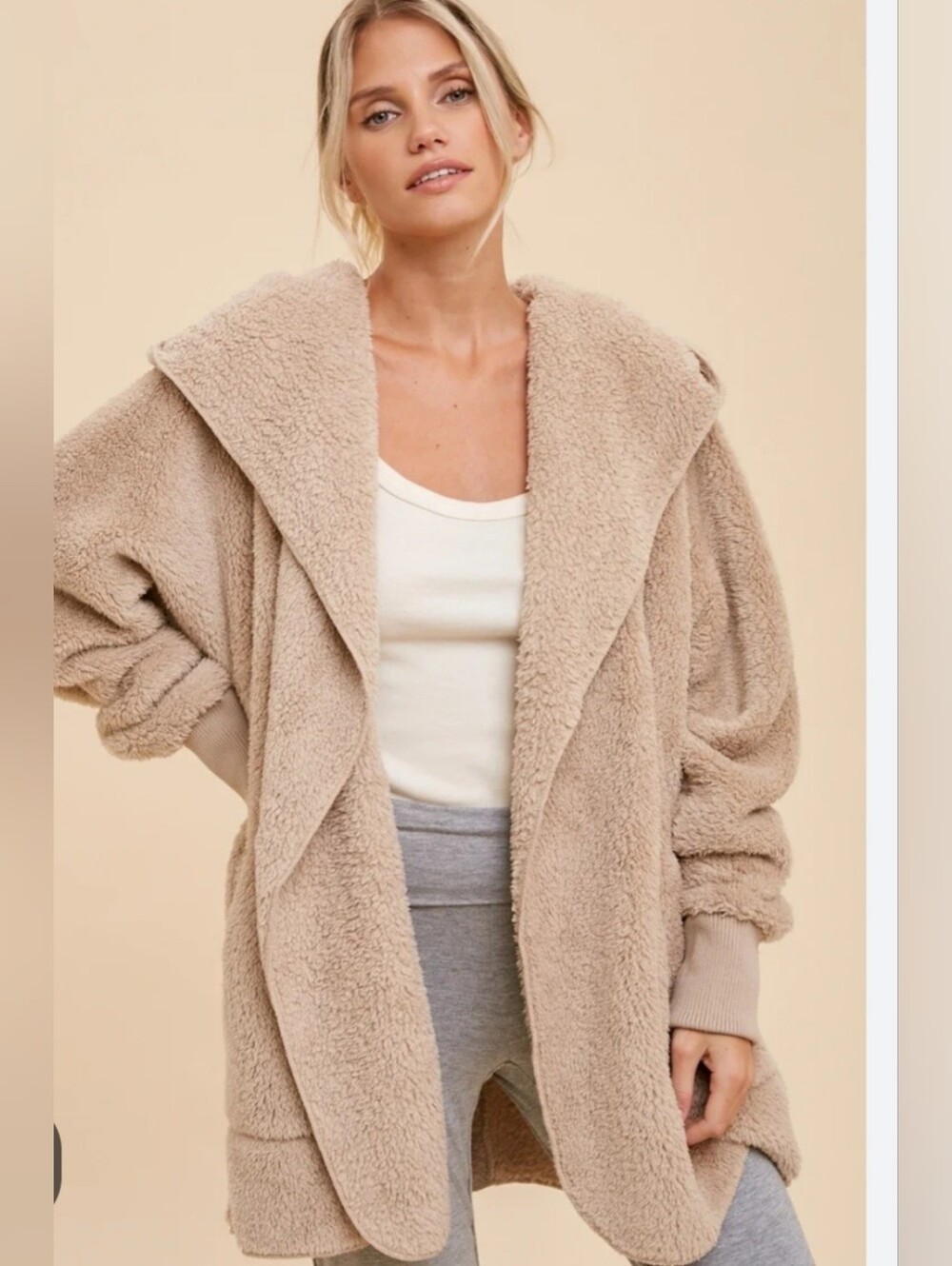 Hem & Thread Cozy Hooded Teddy Cardigan Jacket in Taupe, OS